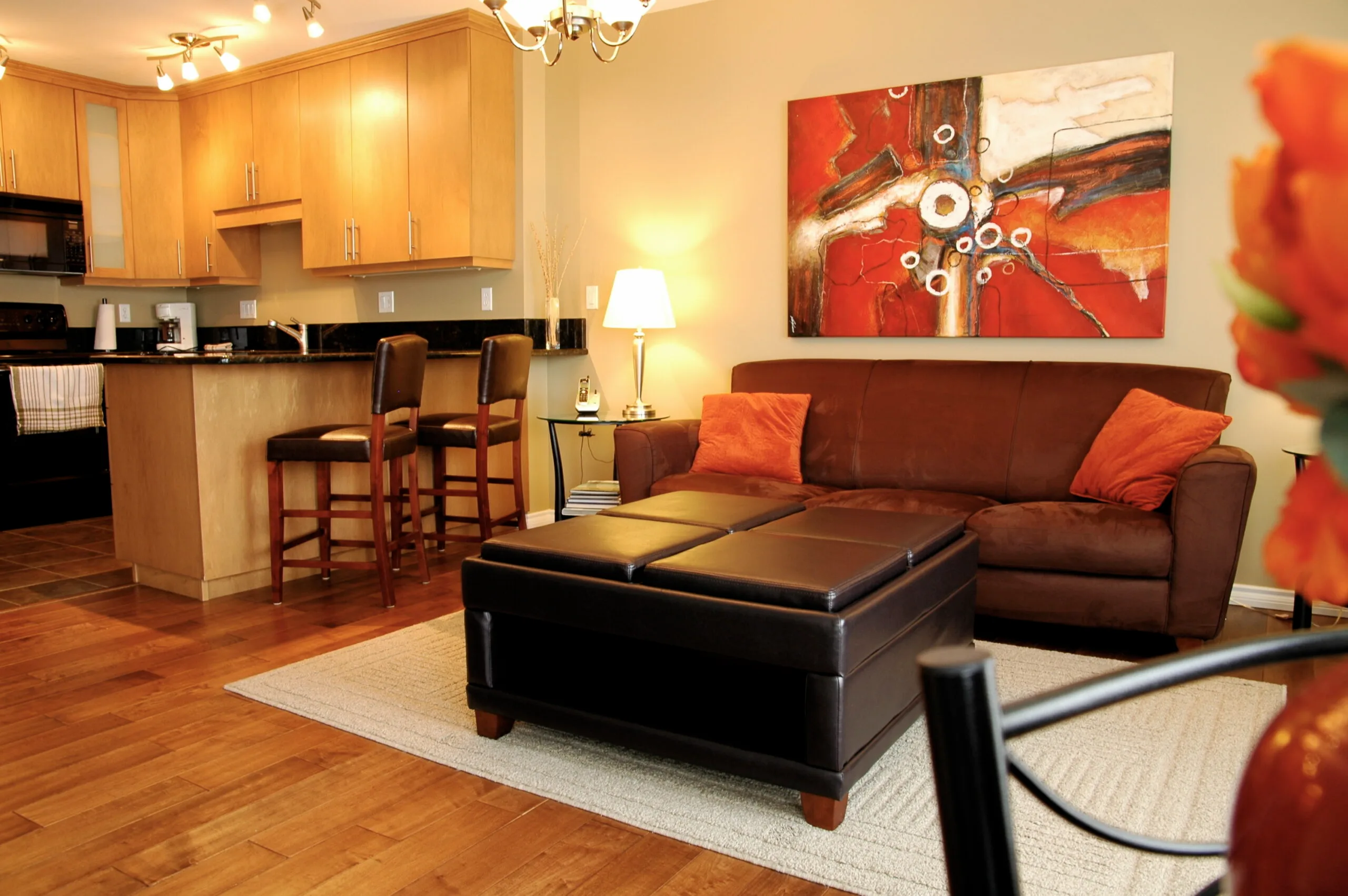 RF I Living room at 1-bedroom furnished extended stay rental suite in Saskatoon, SK